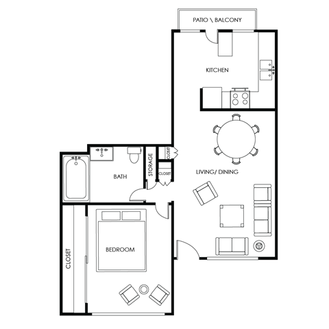 A floor plan of a house with a patio, balcony, kitchen, living/dining area, bath, and bedroom.